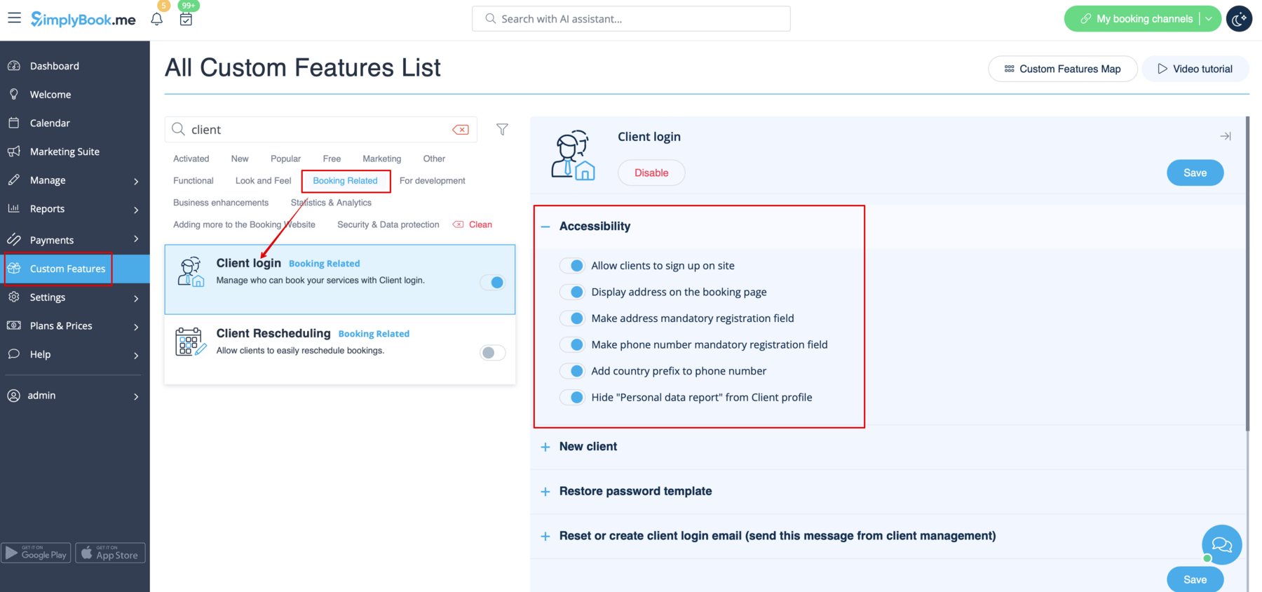 SimplyBook.me custom features list screenshot