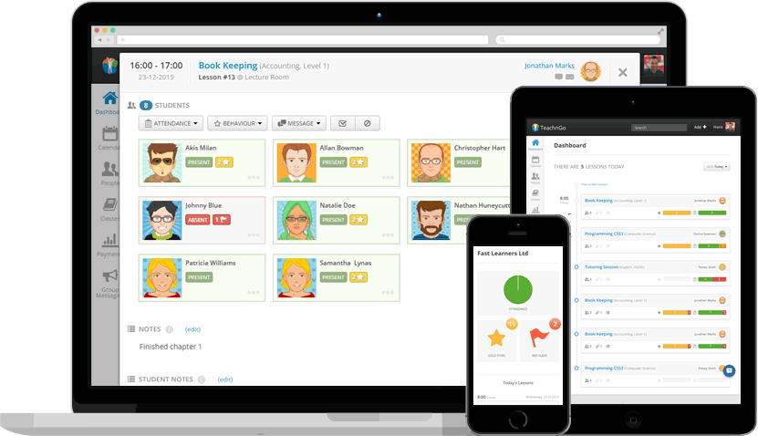 Teach 'n Go dashboard showing lesson card and mobile app dashboard