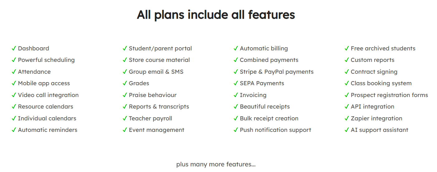 Teach 'n Go — All plans include all features banner with full feature list grid